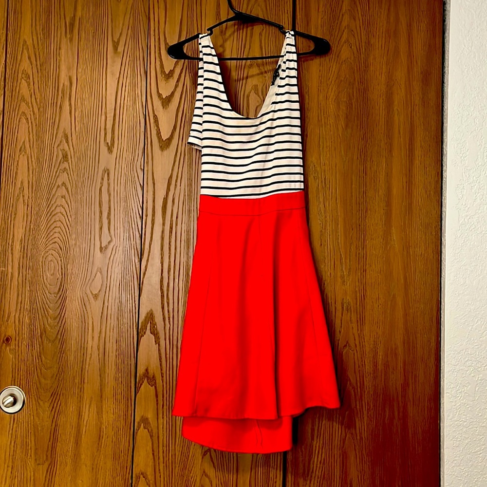 Women’s Black and White striped dress red skirt